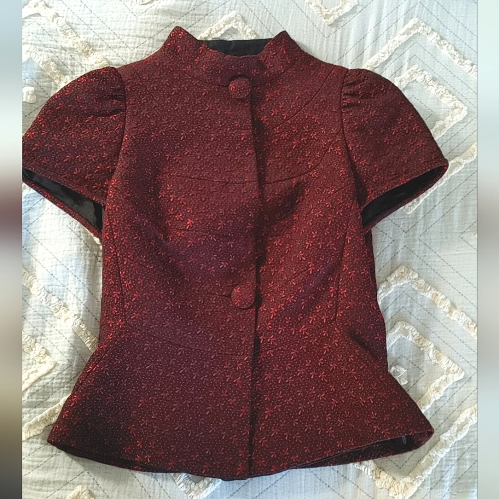 Moschino mock neck red brocade button top Aeffe Spa